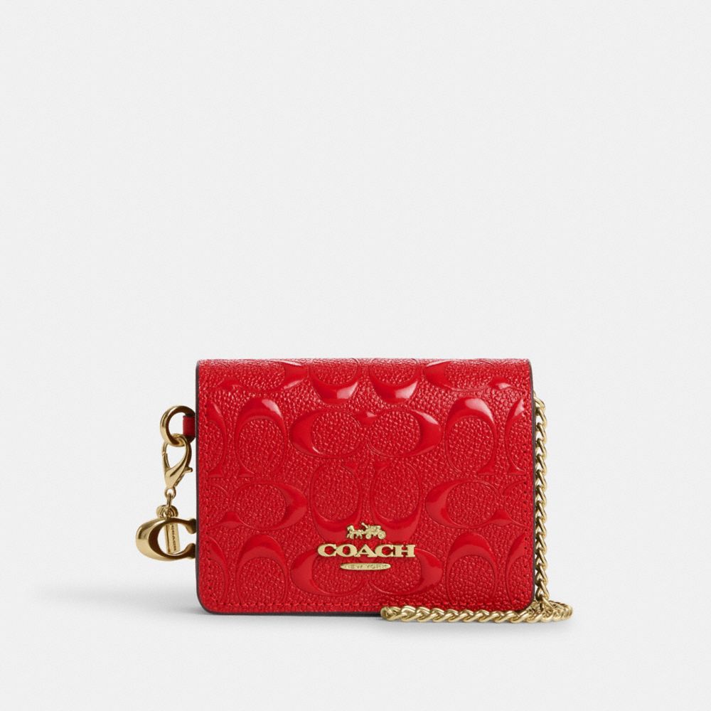 COACH®,BOXED MINI WALLET ON A CHAIN IN SIGNATURE LEATHER,Novelty Leather,Gold/Electric Red,Front View