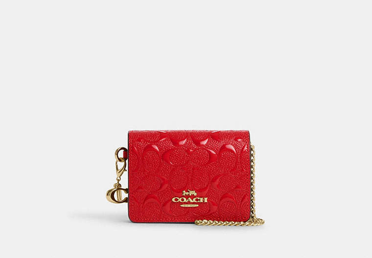 COACH®,BOXED MINI WALLET ON A CHAIN IN SIGNATURE LEATHER,Embossed Leather,Gold/Electric Red,Front View
