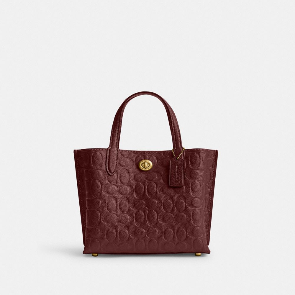 COACH®,WILLOW TOTE BAG 24 IN SIGNATURE LEATHER,Polished Pebble Leather,Medium,Brass/Wine,Front View