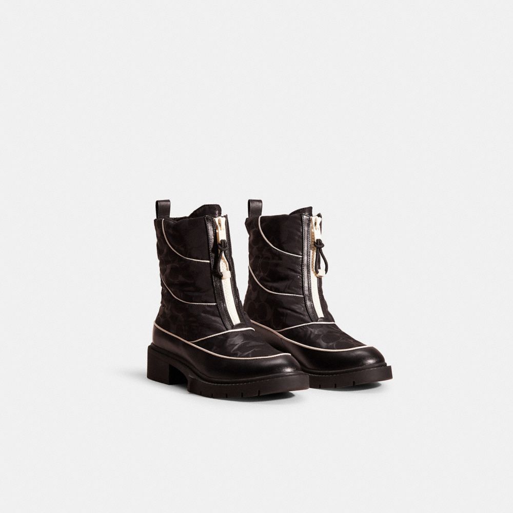 COACH®,Restored Leona Boot,Leather,Nylon,Rubber,Boots,Bootie,Foam,Piping,Water Resistant,Memory Foam Insole,Cushioned,Brea...,Brown,Angle View