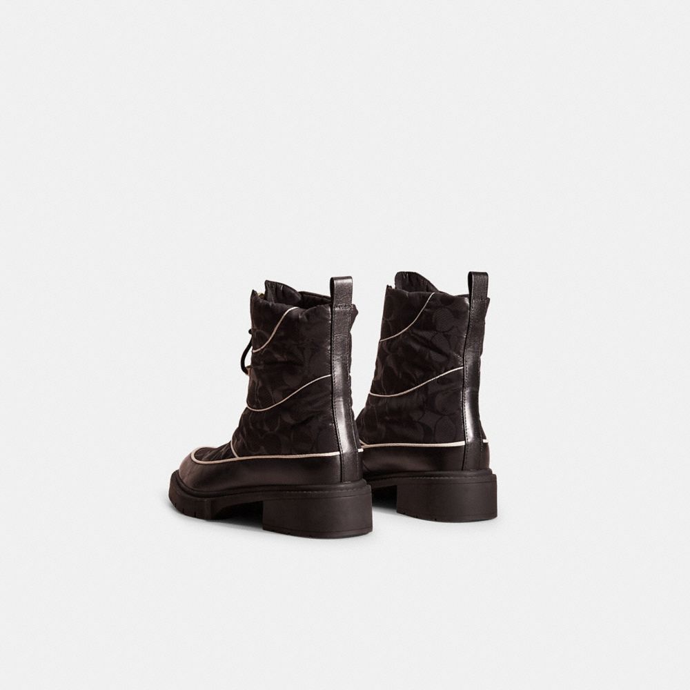 COACH®,Restored Leona Boot,Leather,Nylon,Rubber,Boots,Bootie,Foam,Piping,Water Resistant,Memory Foam Insole,Cushioned,Brea...,Brown,Back View