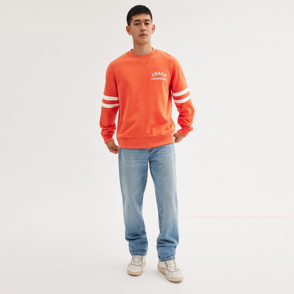 COACH®,Varsity Crewneck,Cotton,Sweatshirt,Word Embellishment,Logo,Stripe,Casual,Orange,Scale View