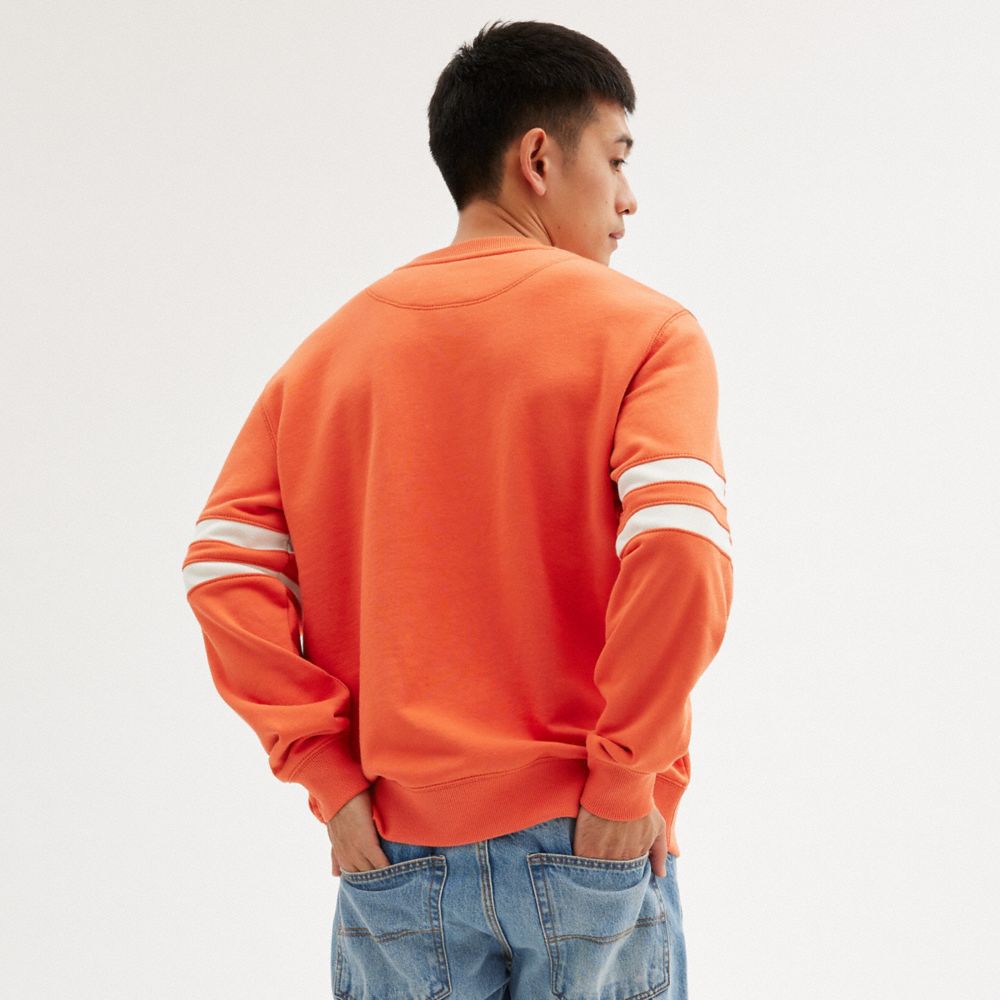 COACH®,Varsity Crewneck,Cotton,Sweatshirt,Word Embellishment,Logo,Stripe,Casual,Orange,Scale View