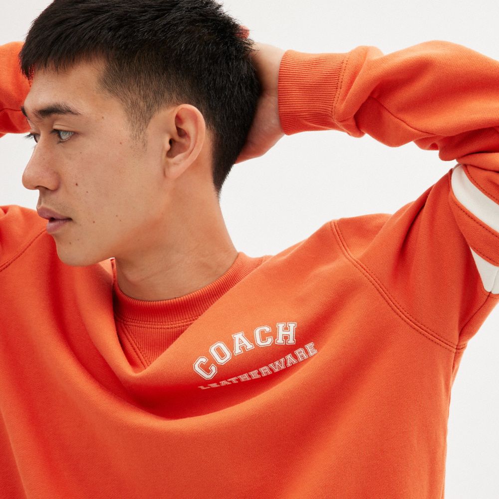 COACH®,Varsity Crewneck,Cotton,Sweatshirt,Word Embellishment,Logo,Stripe,Casual,Orange,Detail View