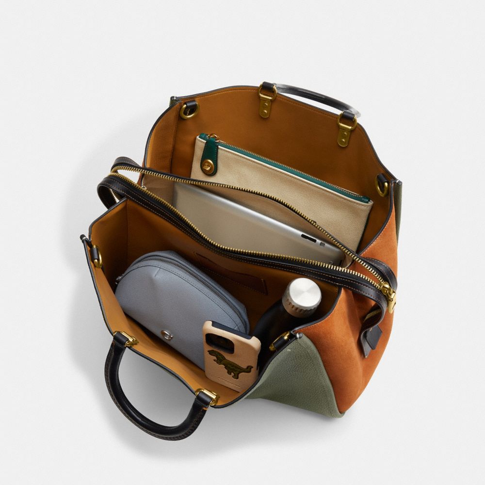 COACH®,Rogue Bag 39 In Colorblock,Leather,Satchel,Logo,Metal,Color Block,Work,Olive,Inside View, Top View