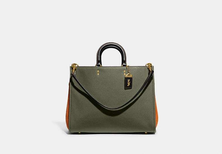 COACH®,ROGUE 39 IN COLORBLOCK,Pebble Leather,X-Large,Brass/Army Green Multi,Front View
