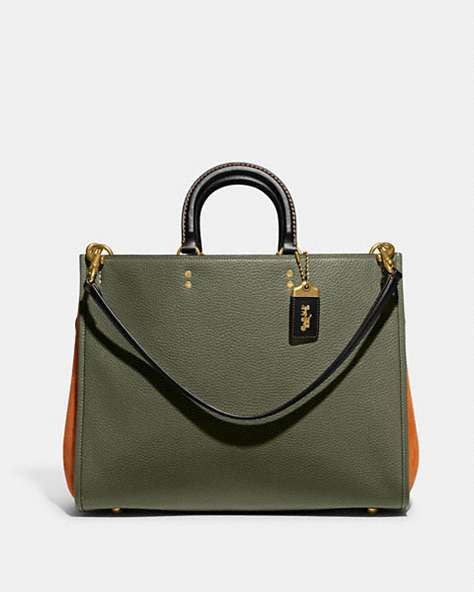 COACH®,ROGUE BAG 39 IN COLORBLOCK,Pebble Leather,X-Large,Brass/Army Green Multi,Front View