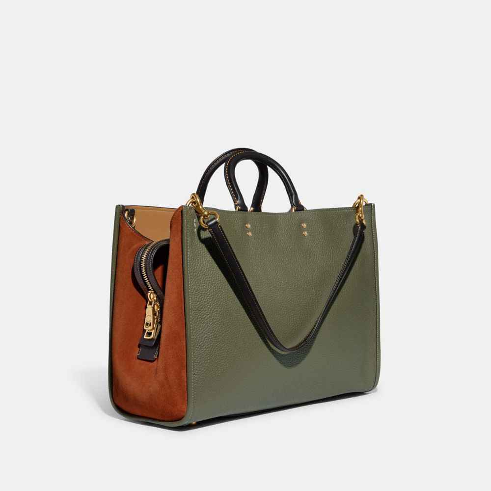 COACH®,ROGUE BAG 39 IN COLORBLOCK,Pebble Leather,X-Large,Brass/Army Green Multi,Angle View