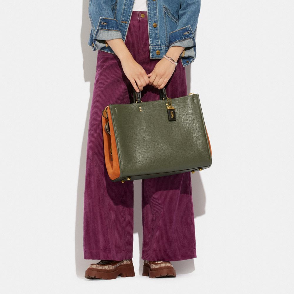 COACH®,Rogue Bag 39 In Colorblock,Leather,Satchel,Logo,Metal,Color Block,Work,Olive,Detail View