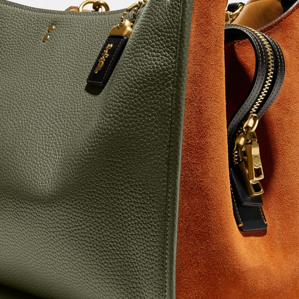 COACH®,Rogue Bag 39 In Colorblock,Leather,Satchel,Logo,Metal,Color Block,Work,Olive,Closer View