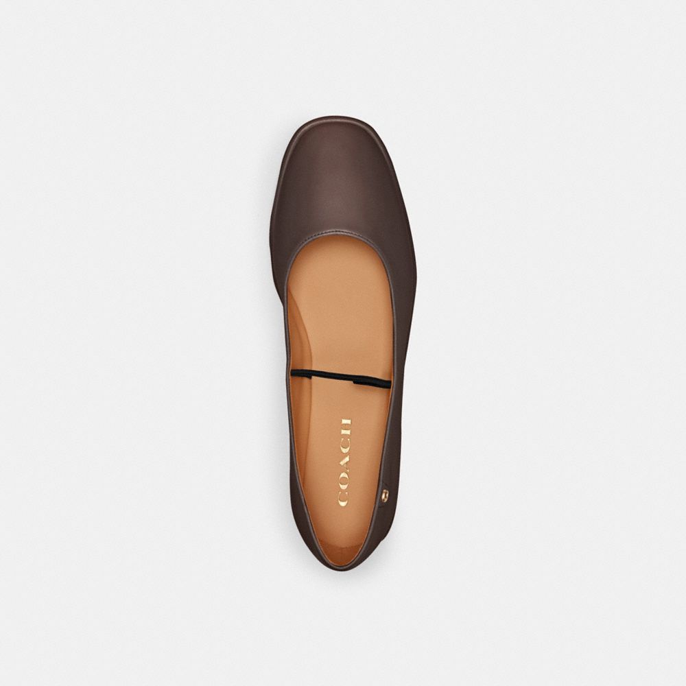 COACH®,Emilia Mary Jane,Rubber,Lining Leather,Leather,Ballet Flats,Foam,Logo,Metal,Cushioned,Traction,Work,Brown,Inside View,Top View
