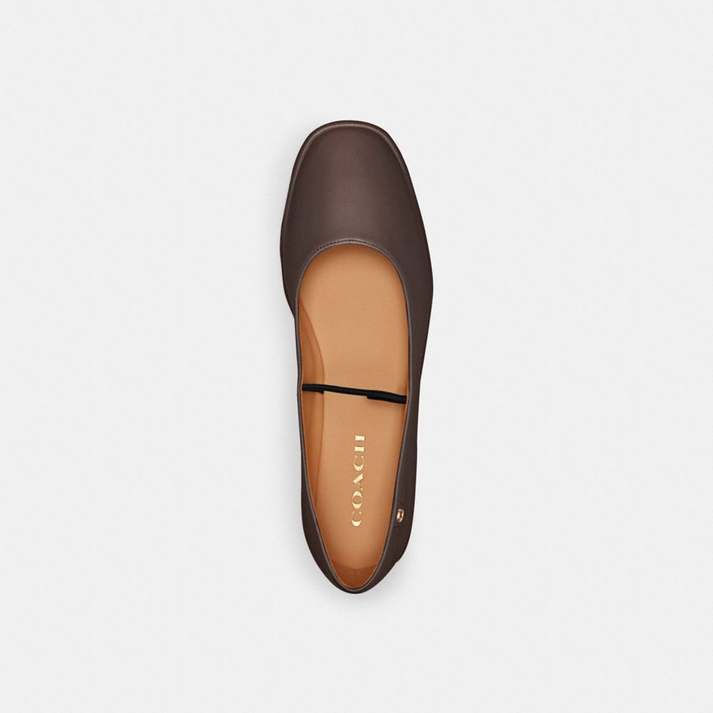 COACH®,Emilia Mary Jane,Leather,Lining Leather,Rubber,Ballet Flats,Foam,Logo,Metal,Cushioned,Traction,Work,Brown,Inside View,Top View