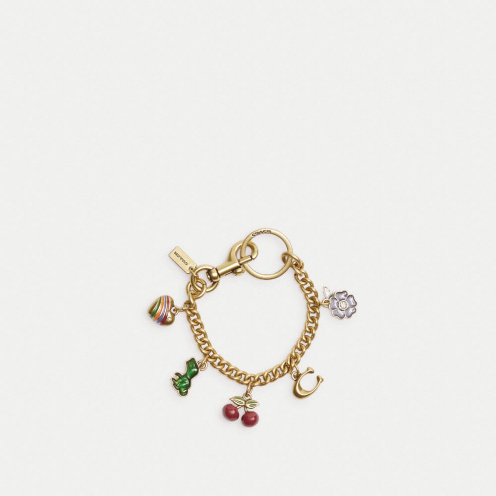 COACH®,MOTIF CHAIN BAG CHARM,Metal,Brass/Multi,Angle View