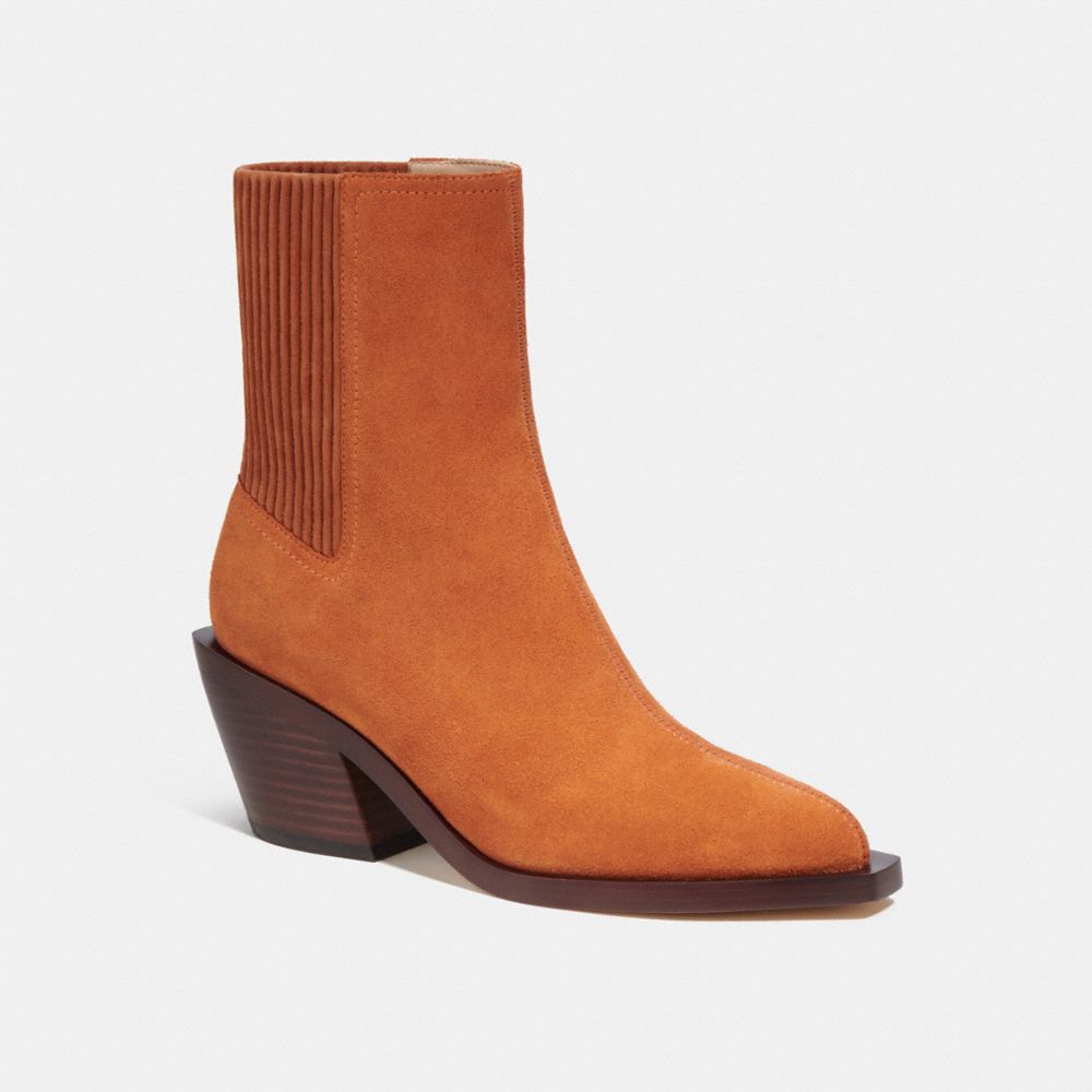 COACH®,PRESTYN BOOTIE,Suede,Burnished Amber,Front View