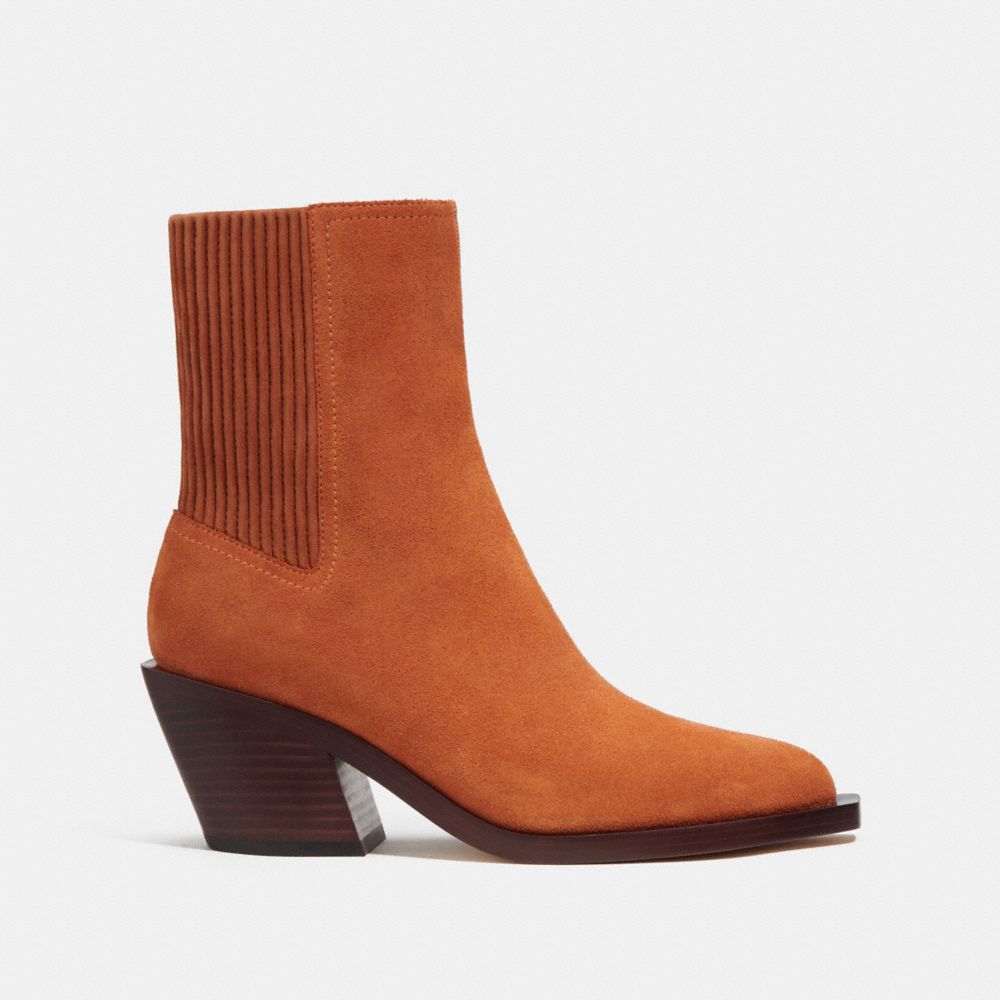 COACH®,PRESTYN BOOTIE,Suede,Burnished Amber,Angle View