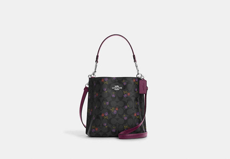 COACH®,MOLLIE BUCKET BAG 22 IN SIGNATURE CANVAS WITH COUNTRY FLORAL PRINT,pvc,Silver/Graphite/Deep Berry,Front View