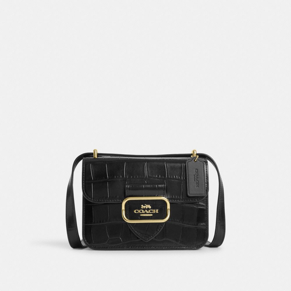 COACH®,MORGAN SQUARE CROSSBODY BAG,Embossed Leather,Small,Gold/Black,Front View
