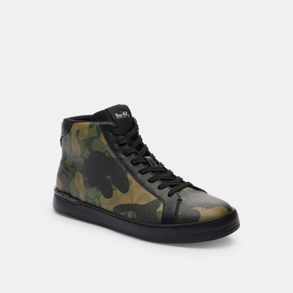 COACH®,CLIP HIGH TOP SNEAKER IN SIGNATURE CANVAS WITH CAMO PRINT,Leather,Gunmetal/Green Multi,Front View