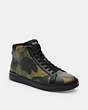 COACH®,CLIP HIGH TOP SNEAKER IN SIGNATURE CANVAS WITH CAMO PRINT,Leather,Gunmetal/Green Multi,Front View