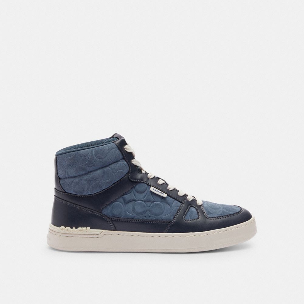 COACH®,CLIP COURT HIGH TOP SNEAKER IN SIGNATURE,Midnight Navy,Angle View