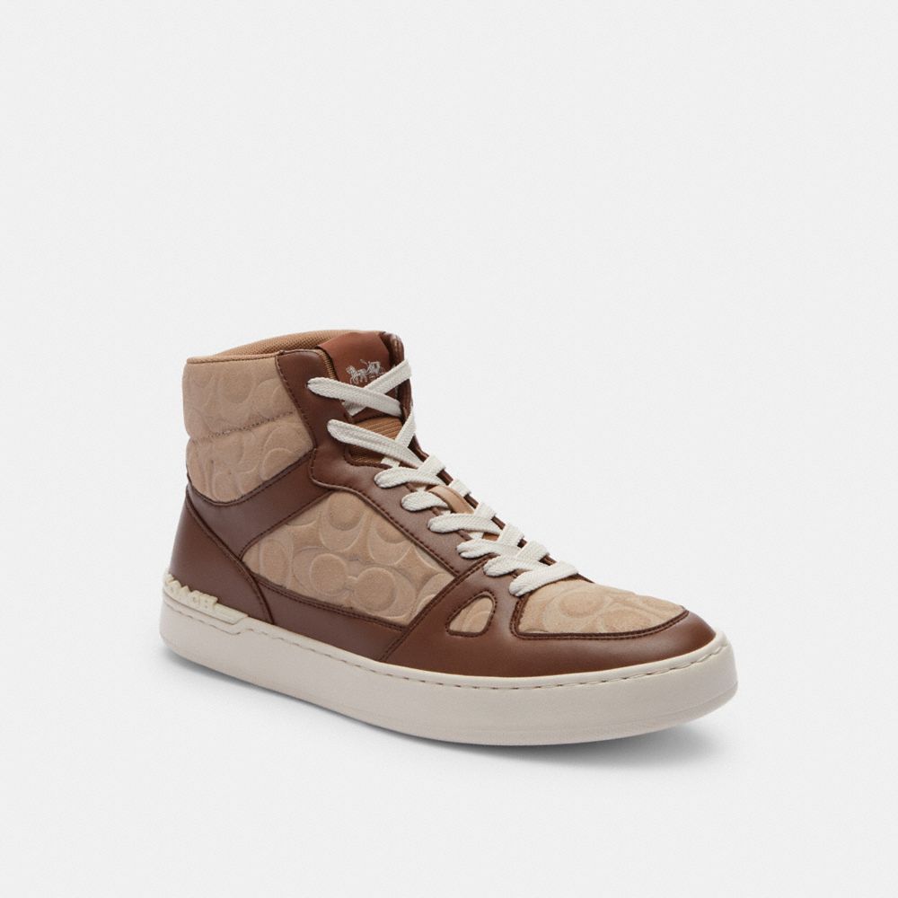 COACH®,CLIP COURT HIGH TOP SNEAKER IN SIGNATURE,Taupe,Front View