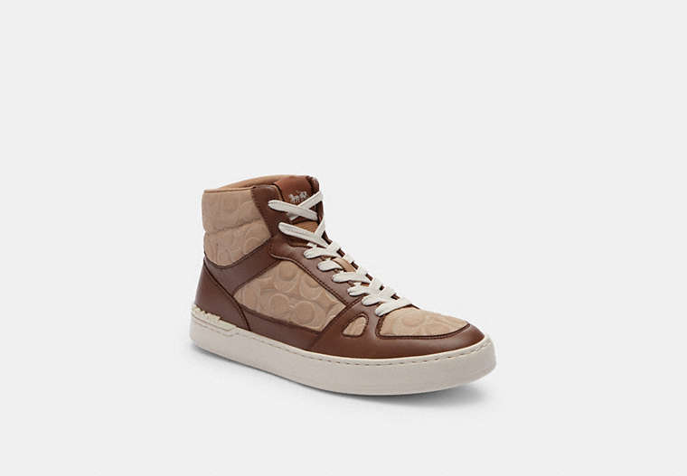COACH®,CLIP COURT HIGH TOP SNEAKER IN SIGNATURE,Mixed Material,Taupe,Front View