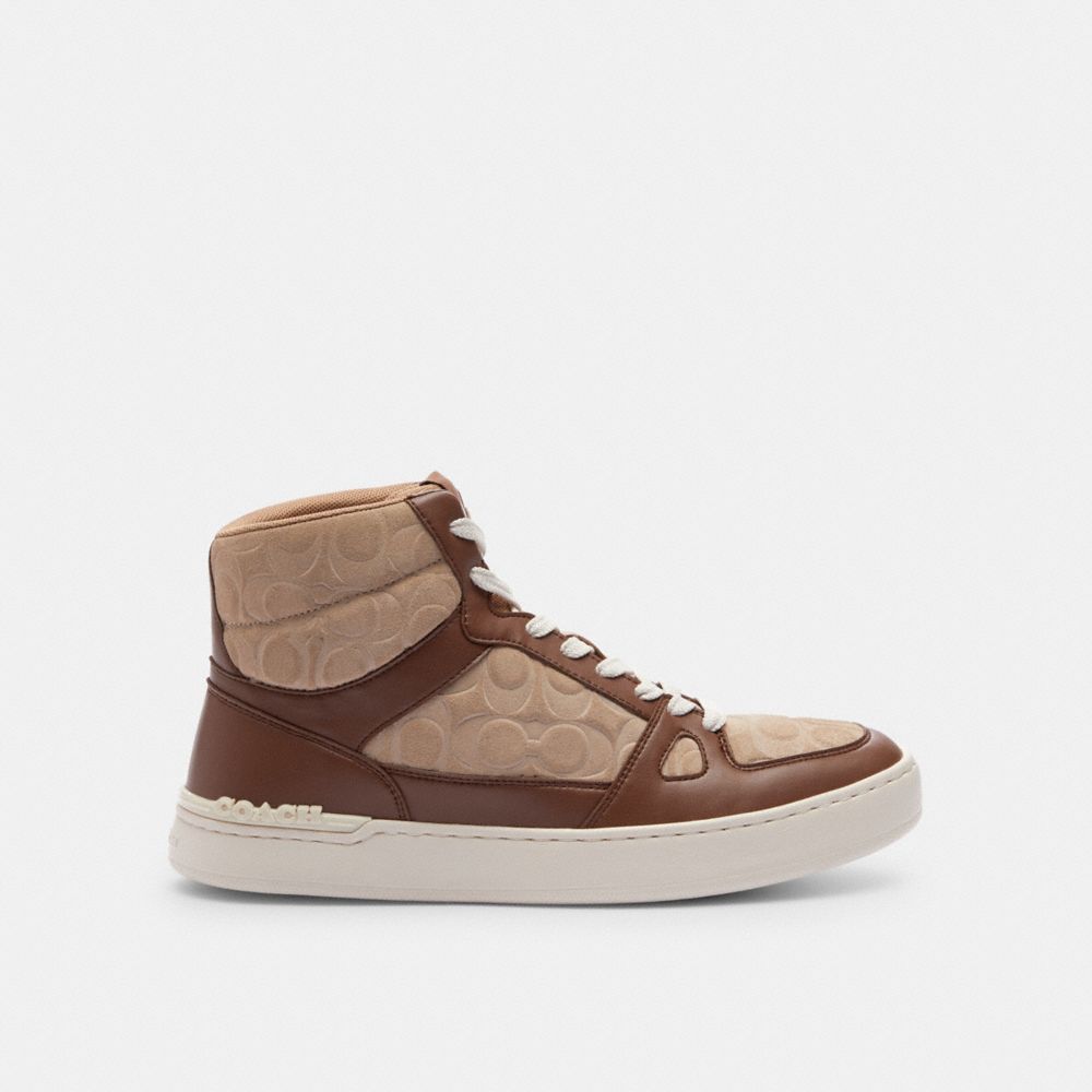 COACH®,CLIP COURT HIGH TOP SNEAKER IN SIGNATURE,Taupe,Angle View