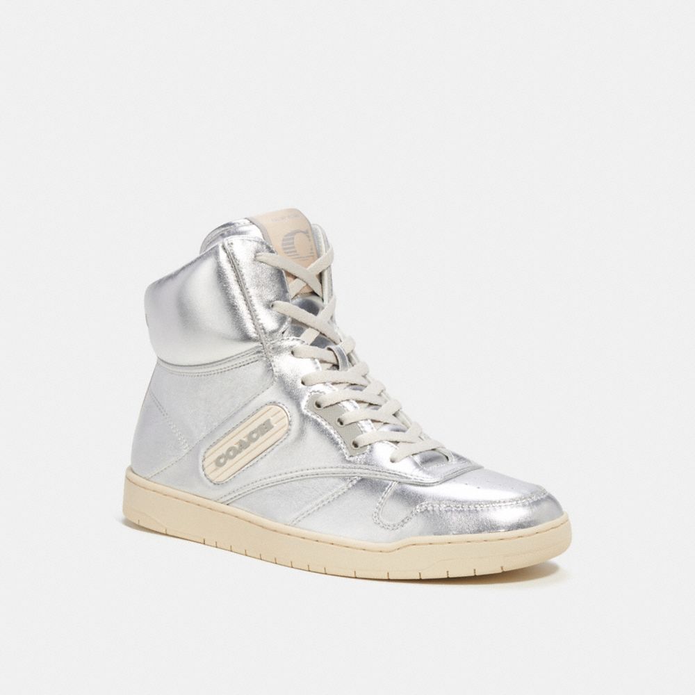 COACH®,C202 HIGH TOP SNEAKER,Metallic Leather,Silver,Front View