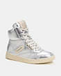 COACH®,C202 HIGH TOP SNEAKER IN SILVER METALLIC,Leather,Shine,Metallic Silver,Front View