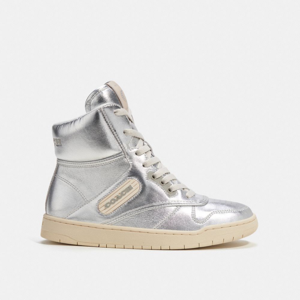 COACH®,C202 HIGH TOP SNEAKER IN SILVER METALLIC,Leather,Shine,Metallic Silver,Angle View