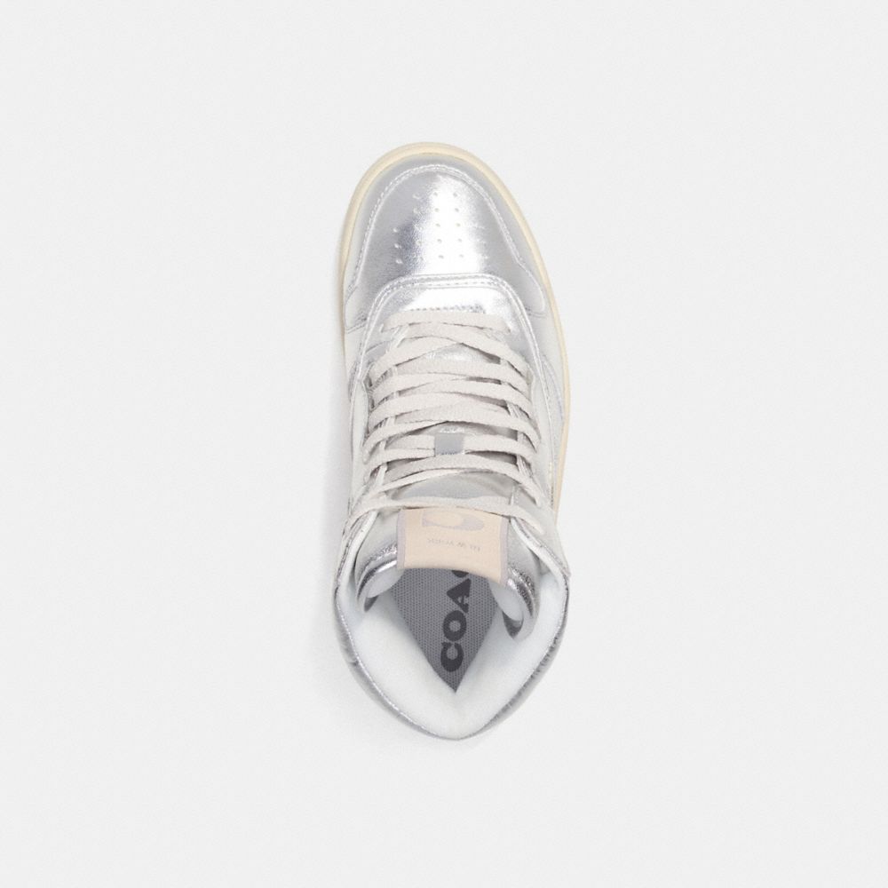 COACH®,C202 HIGH TOP SNEAKER IN SILVER METALLIC,Leather,Shine,Metallic Silver,Inside View,Top View