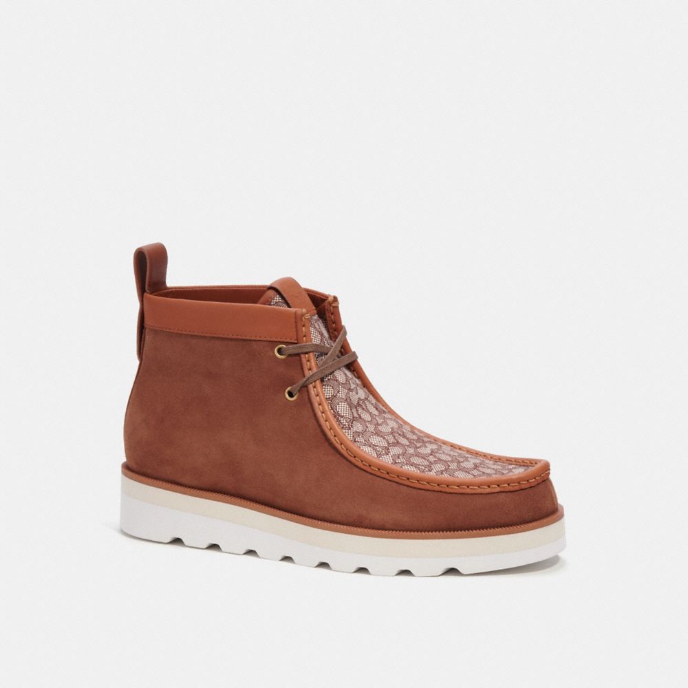 COACH®,CHUKKA BOOT IN MICRO SIGNATURE JACQUARD,Signature Jacquard,Saddle,Front View