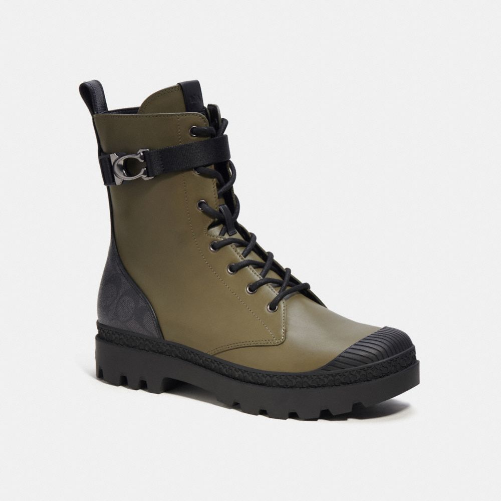 COACH®,TUCKER BOOT WITH SIGNATURE CANVAS,Leather,Army Green,Front View