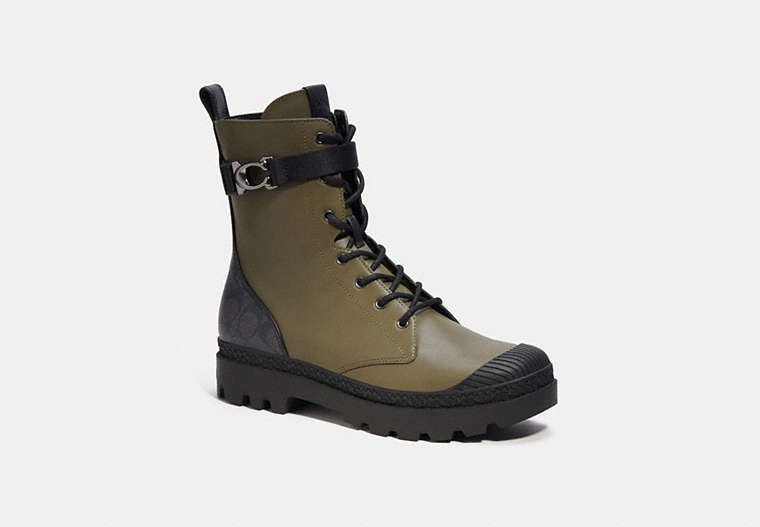 COACH®,TUCKER BOOT WITH SIGNATURE CANVAS,Leather,Army Green,Front View