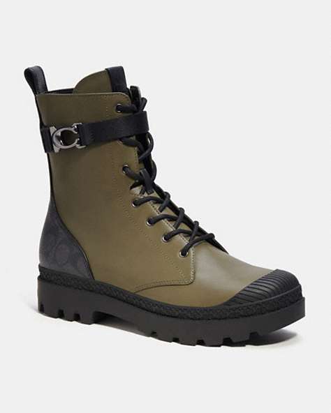 COACH®,TUCKER BOOT WITH SIGNATURE CANVAS,Leather,Army Green,Front View