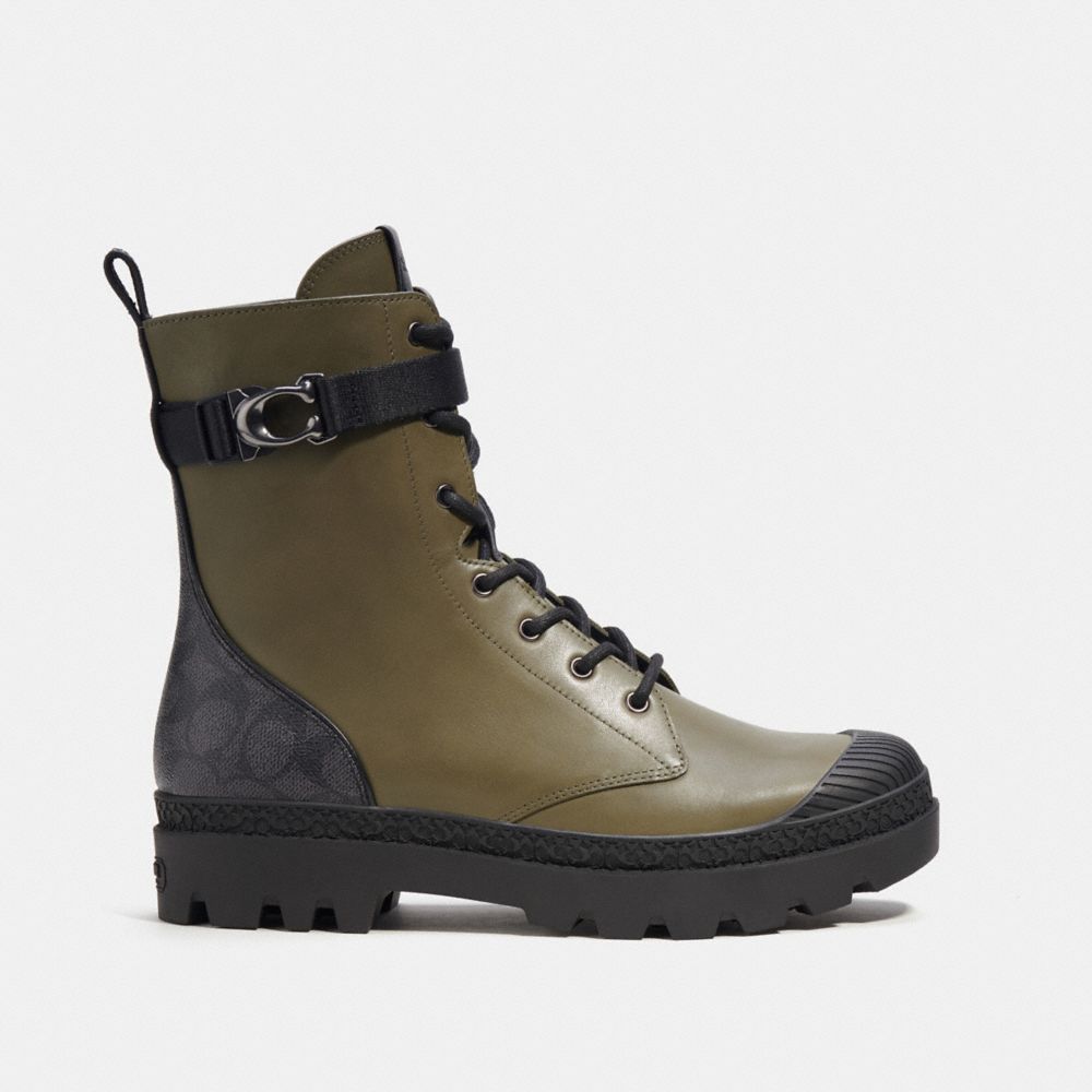 COACH®,TUCKER BOOT WITH SIGNATURE CANVAS,Leather,Army Green,Angle View