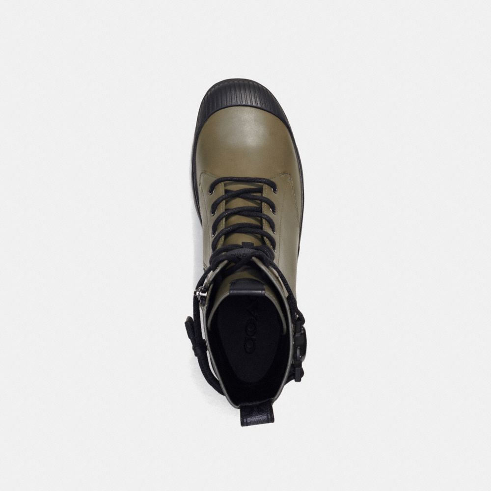 COACH®,Tucker Boot With Signature Canvas,Rubber,Leather,Canvas,Combat,Logo,Embossed,Metal,Pull Tab,Traction,Gunmetal,Casual,Olive,Inside View,Top View