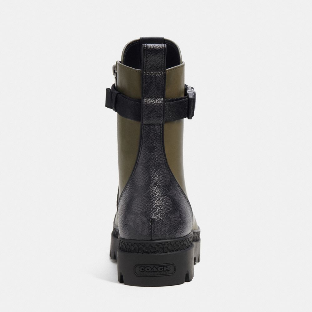 COACH®,Tucker Boot With Signature Canvas,Rubber,Leather,Canvas,Combat,Logo,Embossed,Metal,Pull Tab,Traction,Gunmetal,Casual,Olive,Alternate View