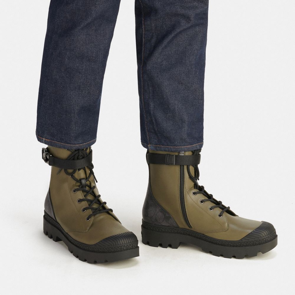 COACH®,Tucker Boot With Signature Canvas,Rubber,Leather,Canvas,Combat,Logo,Embossed,Metal,Pull Tab,Traction,Gunmetal,Casual,Olive,Detail View