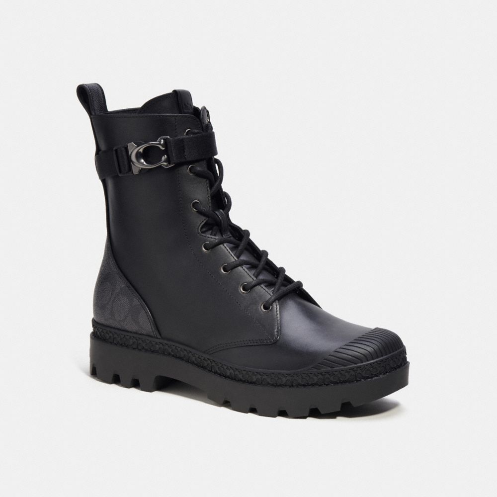 COACH®,TUCKER BOOT WITH SIGNATURE CANVAS,Leather,Black,Front View