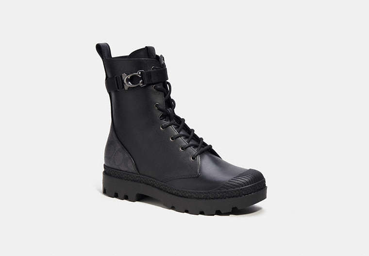 COACH®,TUCKER BOOT WITH SIGNATURE CANVAS,Leather,Black,Front View
