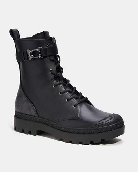COACH®,TUCKER BOOT WITH SIGNATURE CANVAS,Leather,Black,Front View