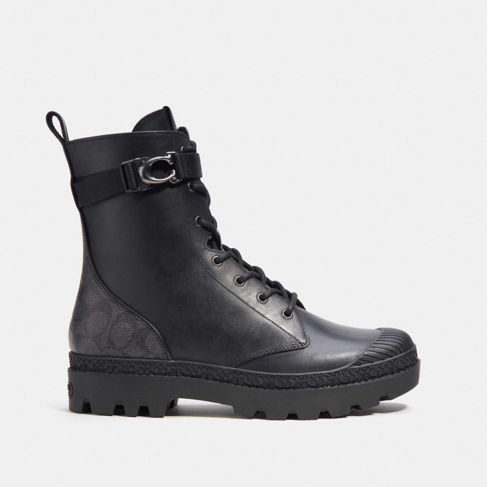 COACH®,TUCKER BOOT WITH SIGNATURE CANVAS,Leather,Black,Angle View