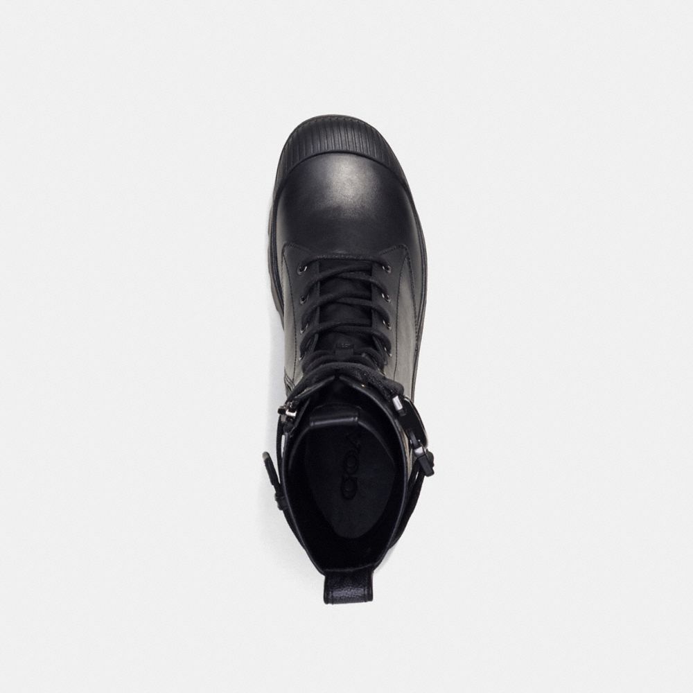 COACH®,Tucker Boot With Signature Canvas,Rubber,Leather,Canvas,Combat,Logo,Embossed,Metal,Pull Tab,Traction,Gunmetal,Casual,Black,Inside View,Top View