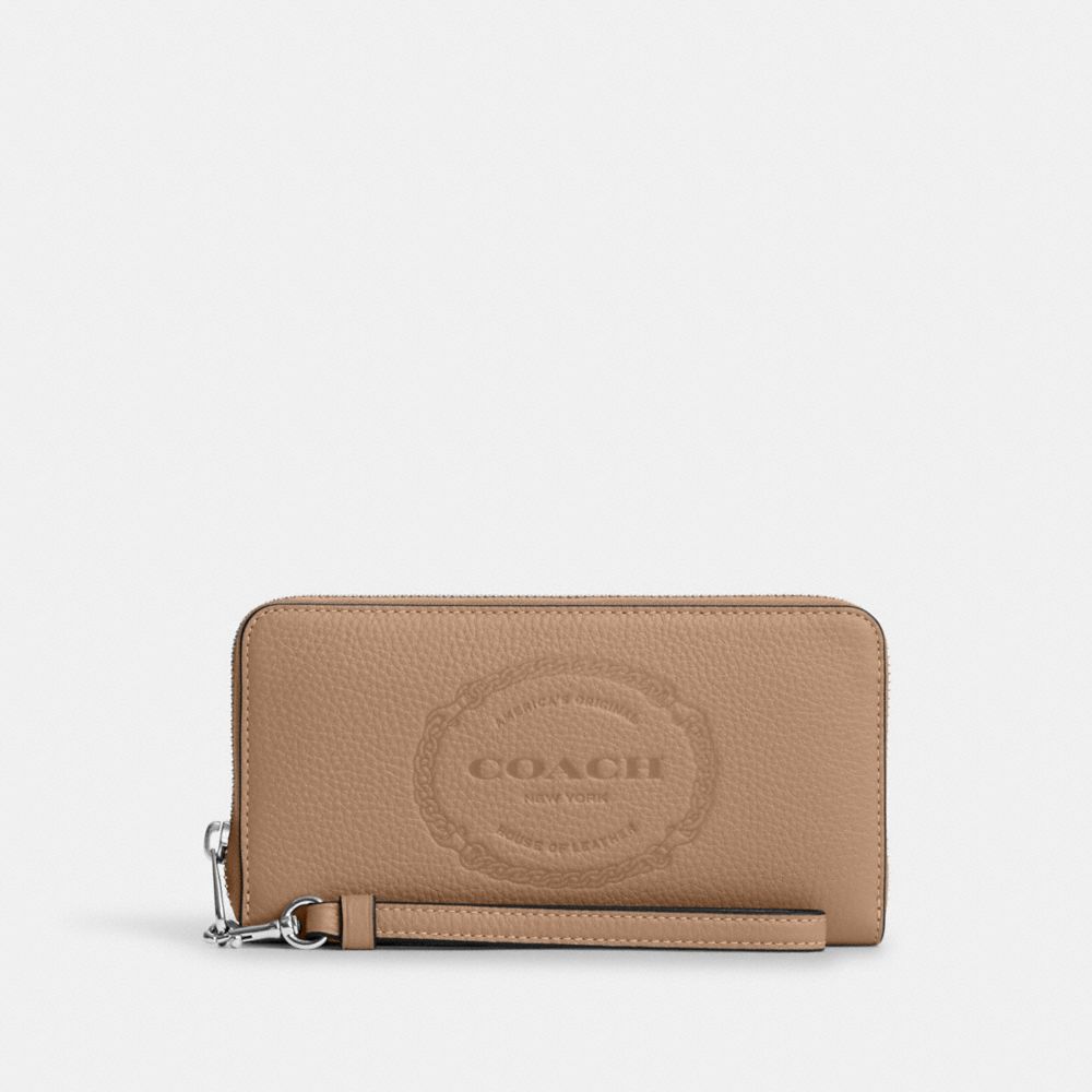 COACH®,LONG ZIP AROUND WALLET WITH COACH HERITAGE,Novelty Leather,Mini,Silver/Taupe,Front View
