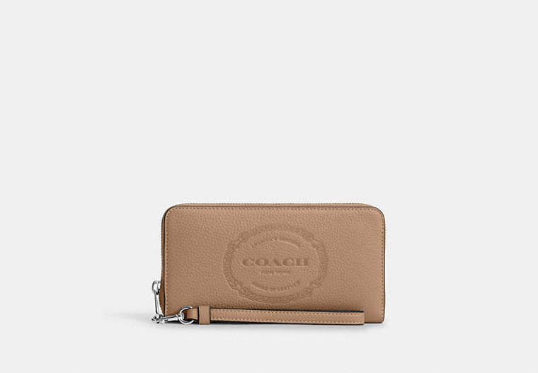 COACH®,LONG ZIP AROUND WALLET WITH COACH HERITAGE,Leather,Mini,Silver/Taupe,Front View