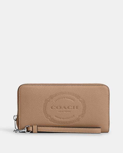 COACH®,LONG ZIP AROUND WALLET WITH COACH HERITAGE,Leather,Mini,Silver/Taupe,Front View