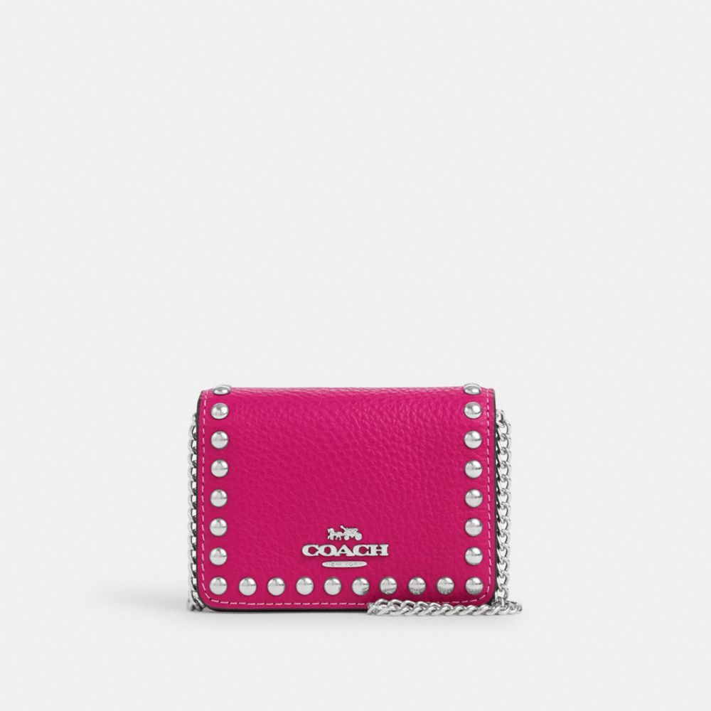 COACH®,MINI WALLET ON A CHAIN WITH RIVETS,Novelty Leather,Mini,Silver/Cerise,Front View