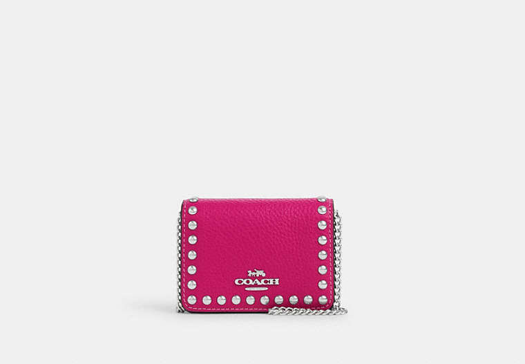 COACH®,MINI WALLET ON A CHAIN WITH RIVETS,Mixed Material,Mini,Silver/Cerise,Front View