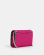 COACH®,MINI WALLET ON A CHAIN WITH RIVETS,Mixed Material,Mini,Silver/Cerise,Angle View